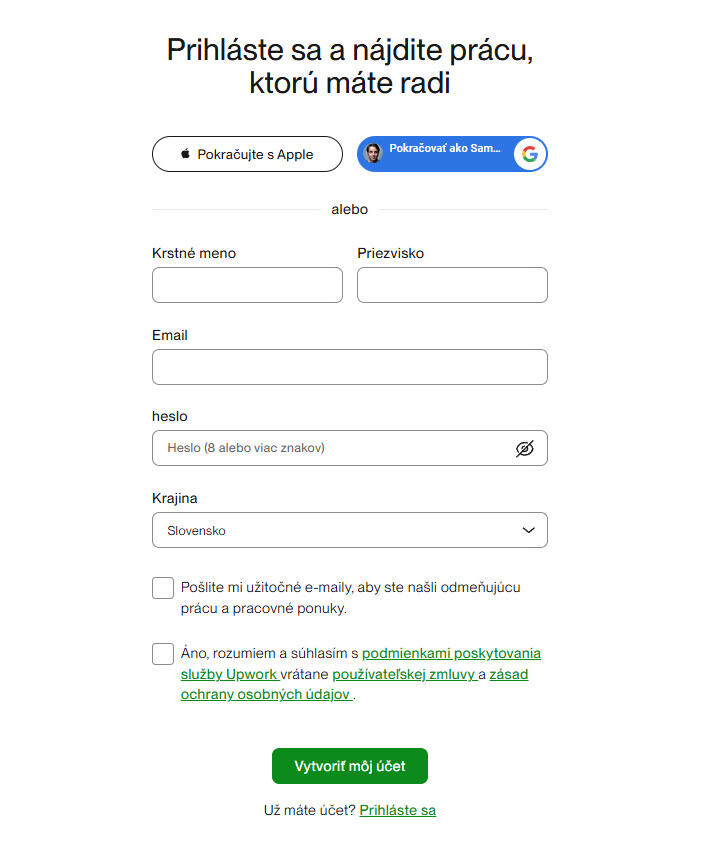 Prvý krok vytváranie účtu na platforme Upwork.